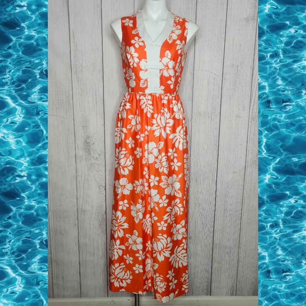 VTG 60s Elfriede for Mitch Robert Orange & White Hawaiian Hibiscus Floral Dress